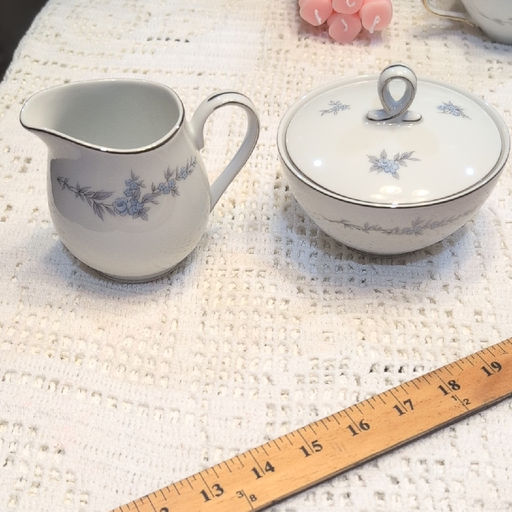 Mikasa White Porcelain Creamer and Sugar Bowl with Blue Floral Trim "Annabelle'